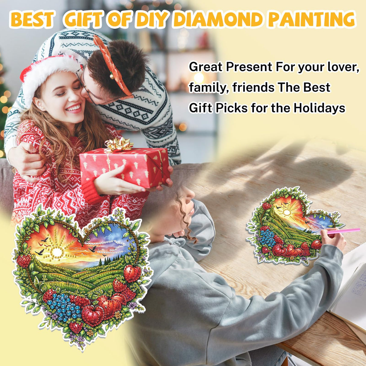 Bowetile Heart Shape Diamond Art Hanging Fruit Kits for Adults, 5D Special Shape Diamond Painting Landscape Window Pendant Kits, Gem Art Suncatchers Ornament for Home Garden Wall Decor Bowetile