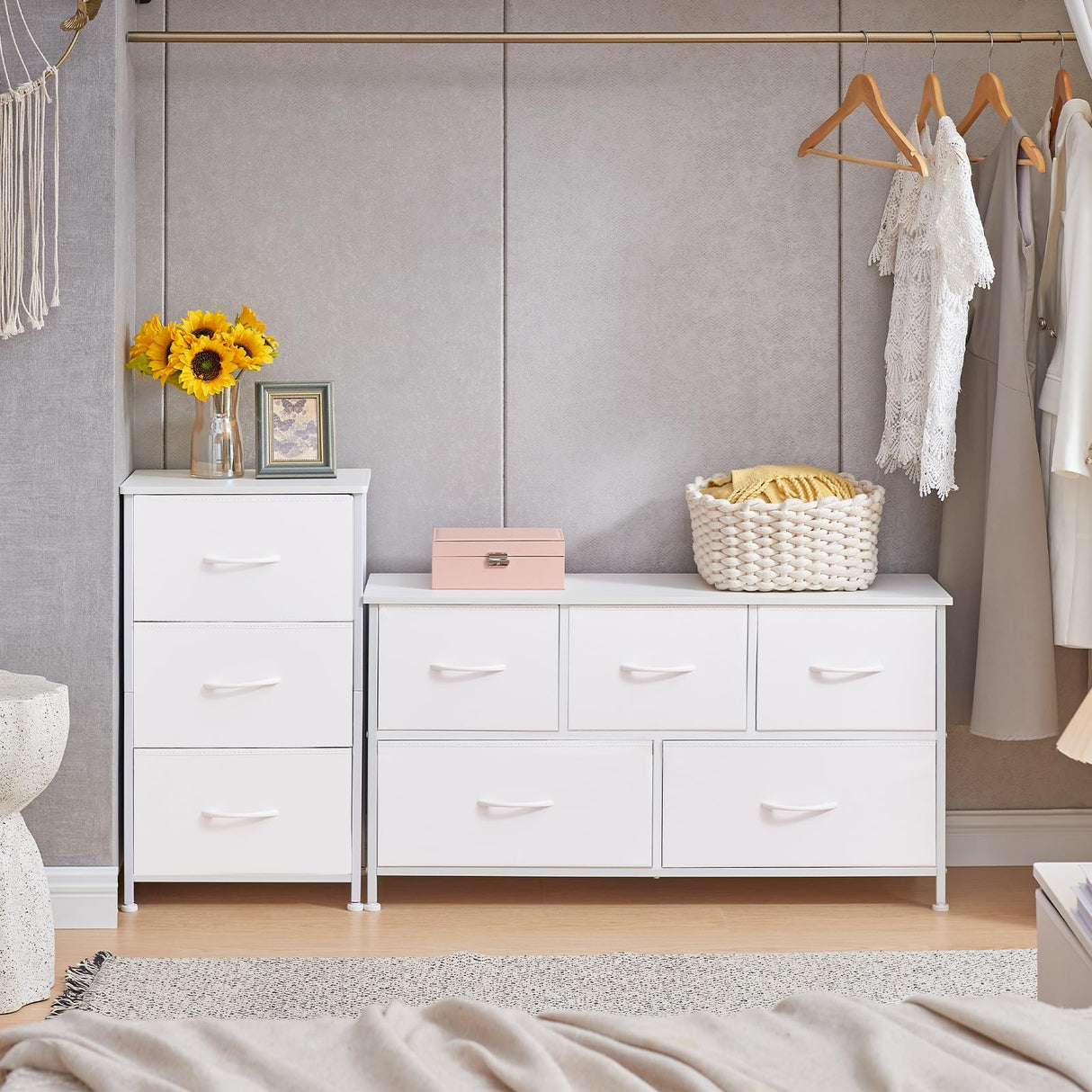 Somdot Dresser for Bedroom with 3 Drawers, Storage Organizer Chest of Drawers with Removable Fabric Bins for Closet Bedside Living Room Laundry Entryway Hallway, White Leather Somdot