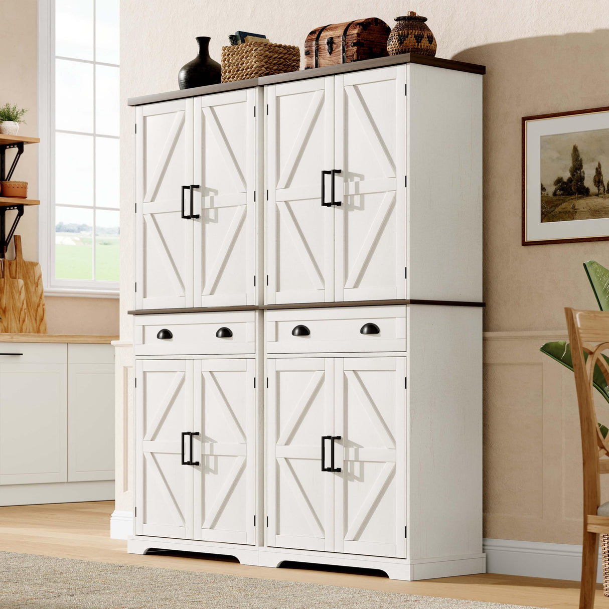 ChooChoo Farmhouse Kitchen Pantry Cabinet with Drawer, Tall Storage Cabinet with Door Shelves and Adjustable Shelves, Freestanding Cupboard for Kitchen, Dining Room, Antique White & Brown ChooChoo