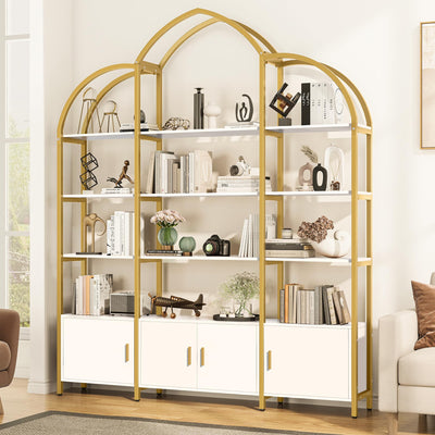 Nosepen 86" Gold Bookshelf, Triple Wide 5 Tier Arched Bookshelves & Bookcases with Storage, Large Modern Metal Book Shelf Stand for Bedroom/Living Room/Office Display Shelves, White & Gold