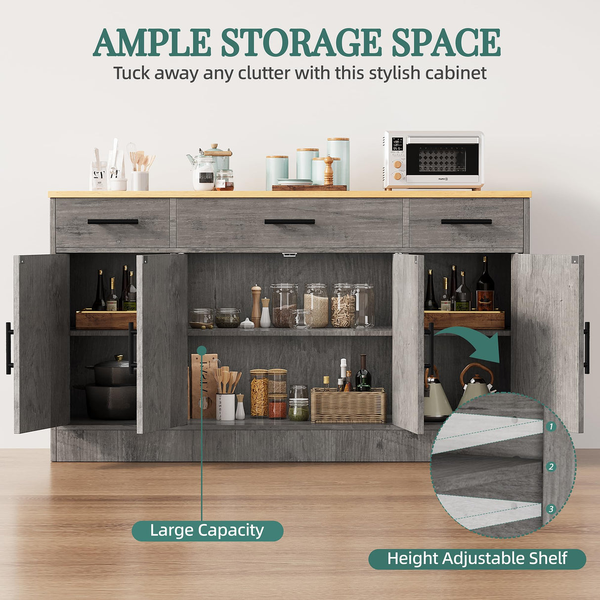 Shintenchi Buffet Cabinet with Storage,53.4" Large Kitchen Storage Cabinet with 3 Drawers and 4 Doors,Wood Farmhouse Buffet Sideboard with Adjustable Shelf for Kitchen Living Room,Ash Grey Shintenchi