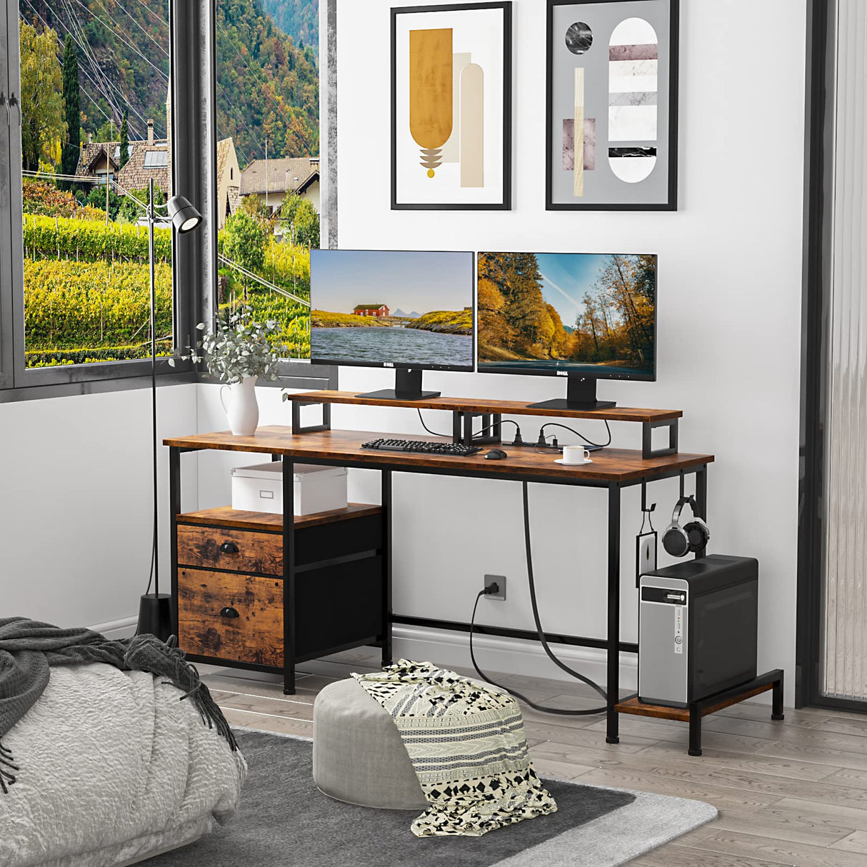 Furologee Desk with Drawer and Power Outlets, 55" Large Compter Desk with Fabric File Cabinet and 2 Movable Monitor Shelf, Writing Gaming Table with CPU Stand and 2 Hooks for Home Office, Rustic Brown Furologee