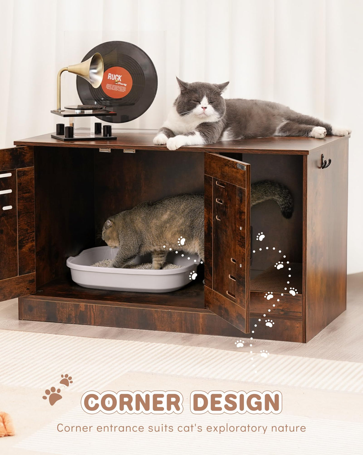 JubiNatural Cat Litter Box Enclosure, Hidden Cat Litter Box Furniture with Vent and Scratch Pad, Enclosed Odor Control, Easy Clean Panel, for Bedroom, Living Room, Rustic Brown JubiNatural