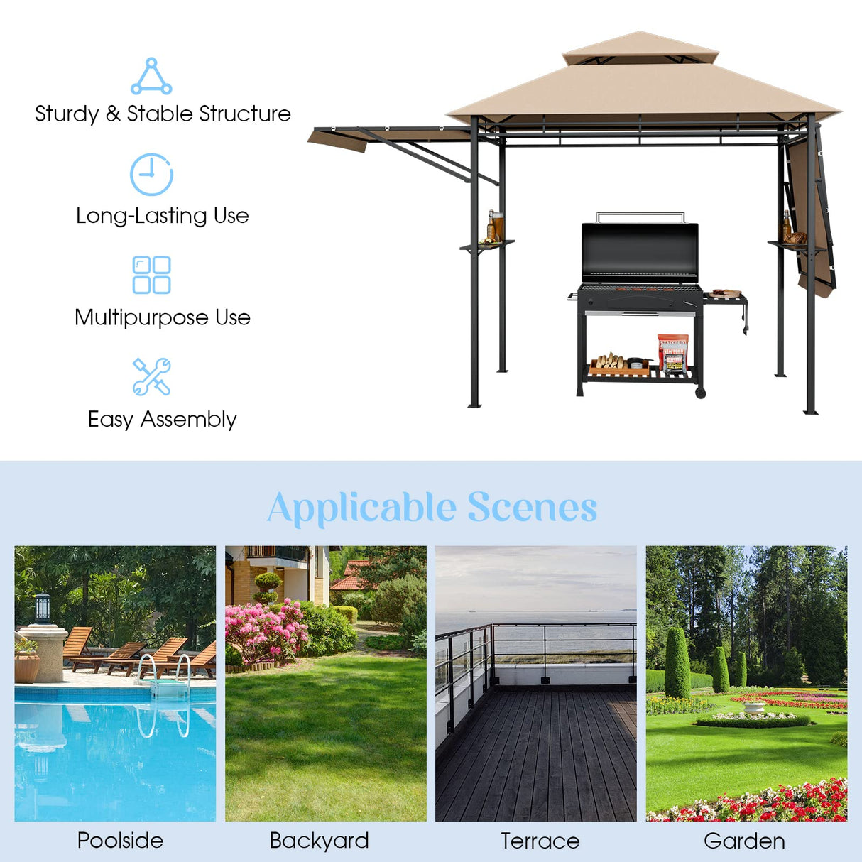 Tangkula 13.5x4 Ft Grill Gazebo with Dual Side Awnings, Double Tier BBQ Gazebo with 2 Side Shelves, Heavy-Duty Steel Frame, CPAI-84 Barbecue Grill Gazebo Shelter for Patio, Garden, Beach, Terrace Tangkula