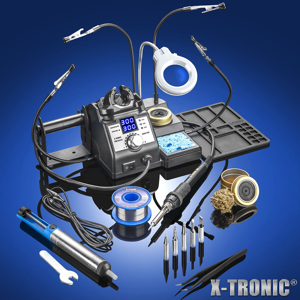 X-Tronic 3060-PRO • 75W Soldering Iron Station Kit • 5 Extra Tips • Mini Mag Lamp • 4 Helping Hands • Solder Sucker • Tweezers • 50g Solder • Brass Sponge w/Flux • Sleep Func, °C/°F, 3 Temp Presets! X-TRONIC