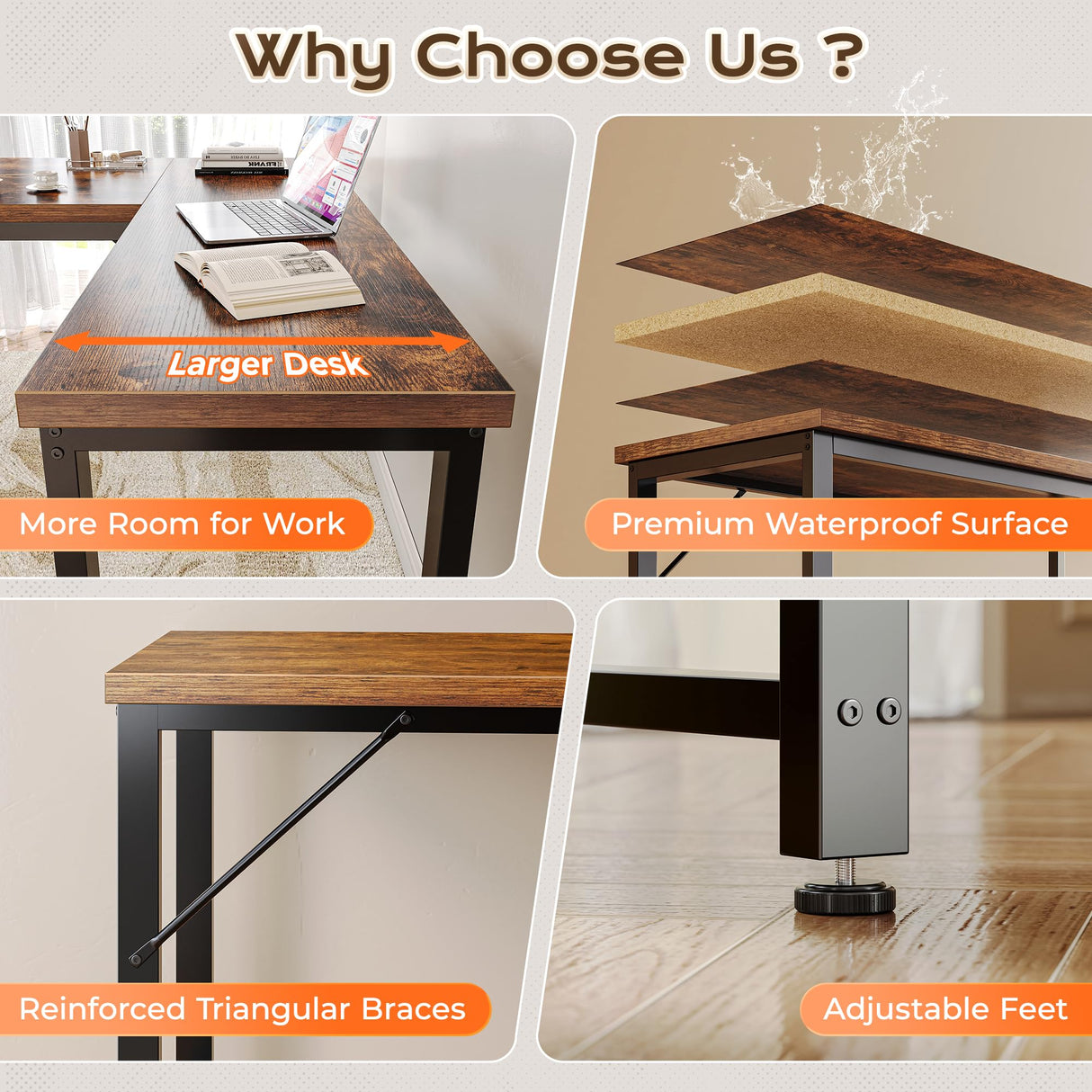 Huuger 63 Inch L Shaped Desk with Power Outlets and USB-C Port, 0.95 Inch Thicker Desktop, Reversible Computer Desk, Larger Office Corner Gaming Desk, Metal Frame, for Home Office, Study, Rustic Brown Huuger