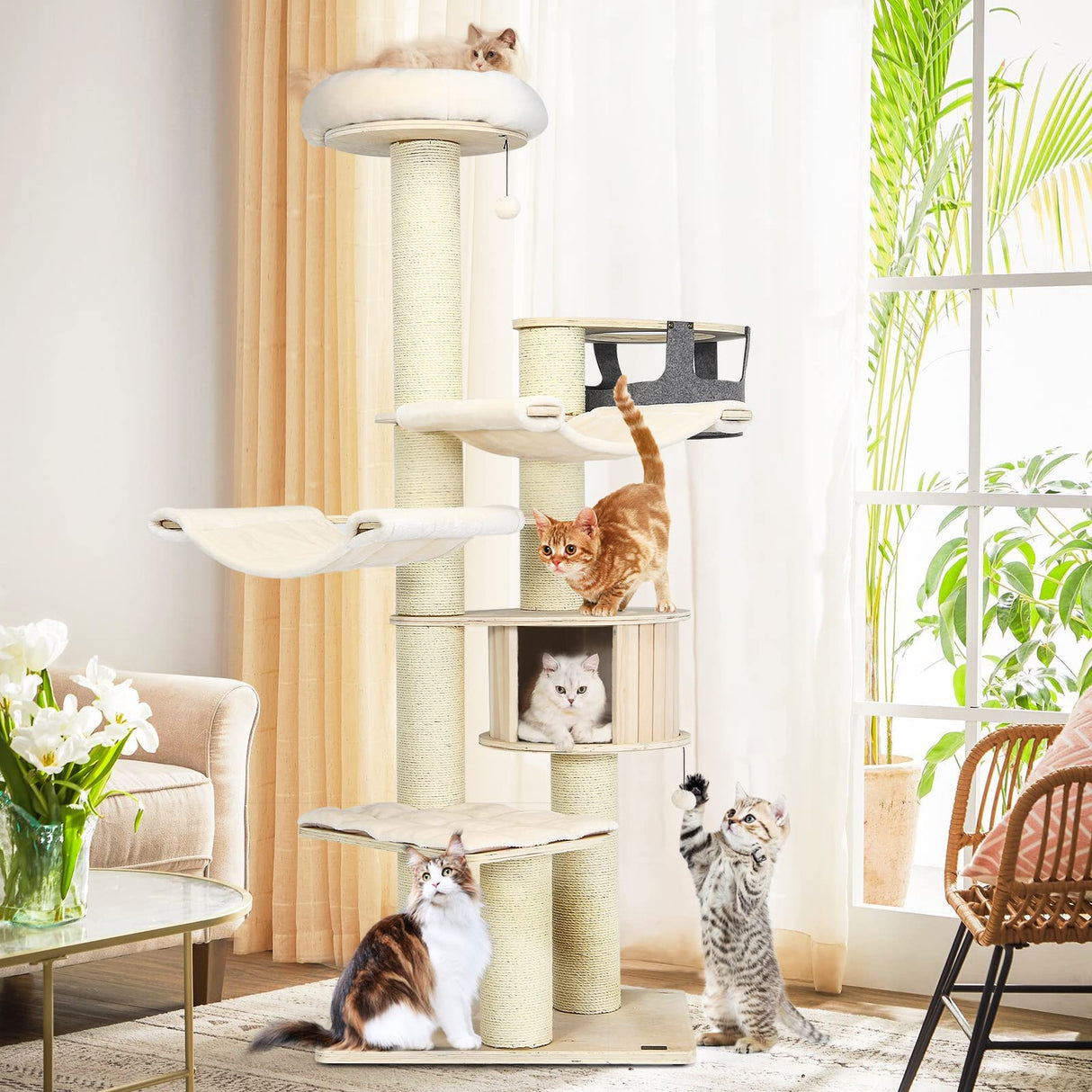 Tangkula Large Cat Tree, Multi-Level Tall Cat Tower with Sisal Scratching Posts, Hammocks, Hanging Basket, Cat Condo and Removable Washable Cushions, Modern Wood Cat Tree for Indoor Cats Large Adult Tangkula