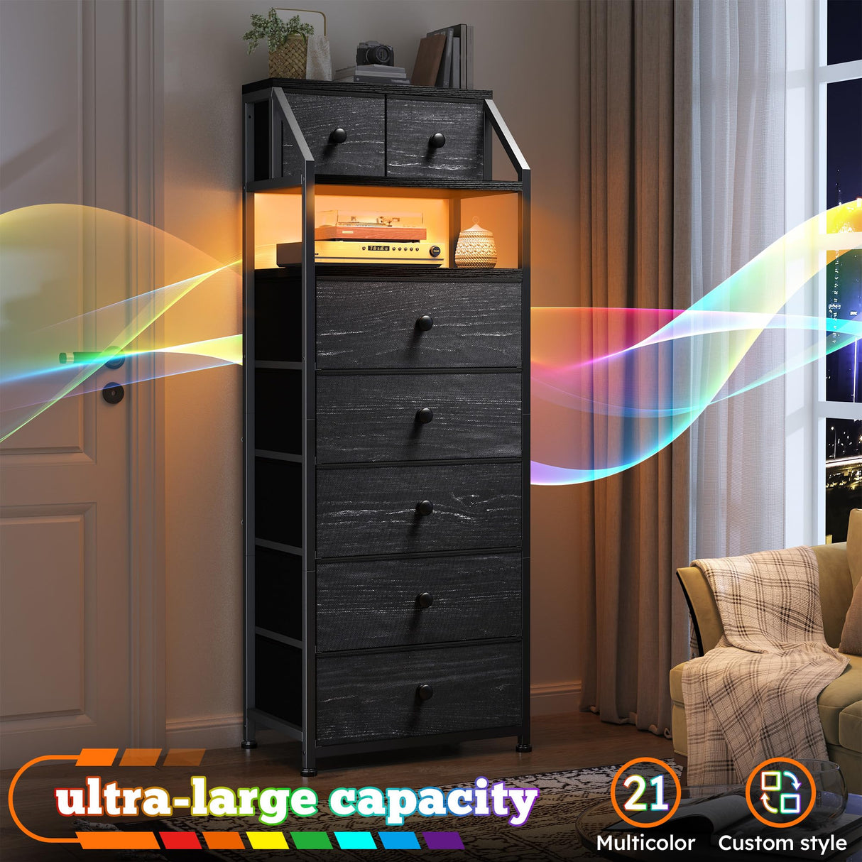 51.2" H Dresser for Bedroom with LED Lights, Night Stand with 7 Drawers, Dressers & Chests of Drawers with Open Wood Shelf, Metal Frame, Bedside Table with Fabric Storage Bins, Black EnHomee