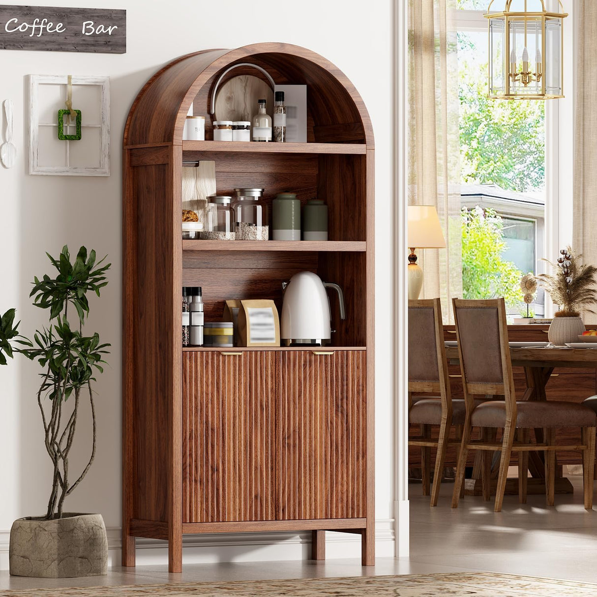 Ieejdn 71" Tall Arched Kitchen Pantry,Modern Fluted Wood Storage Cabinet with Doors,Adjustable Shelves,Organizer, Versatile Cupboard for Kitchen,Living Room,Dining Room,Bathroom,Walnut
