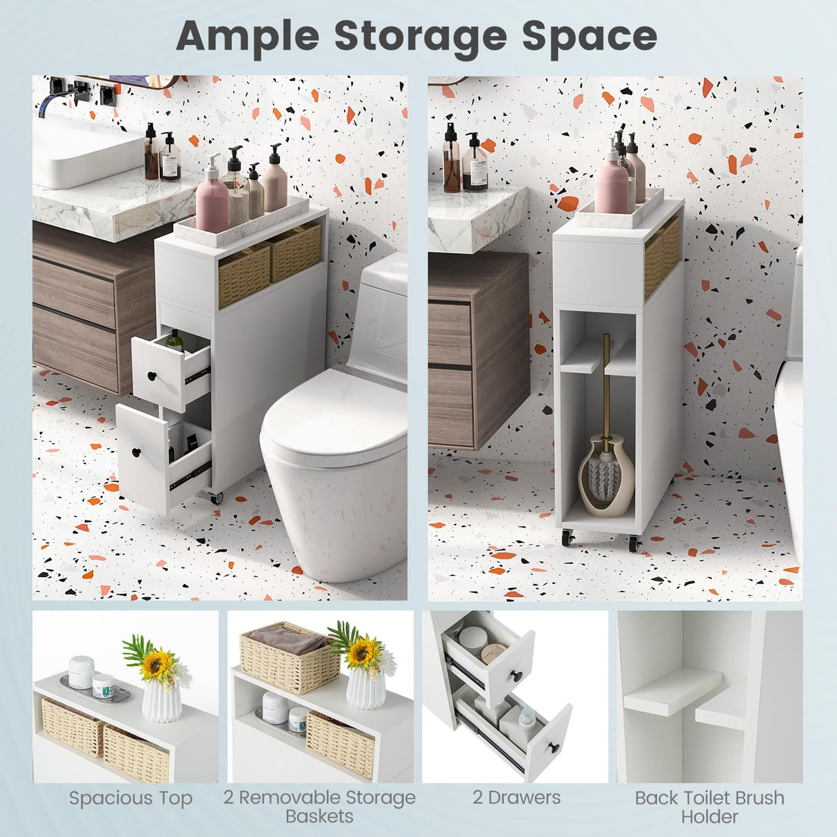 Tangkula Compact White Bathroom Storage Cabinet with Drawers and Rattan Baskets on Wheels Tangkula