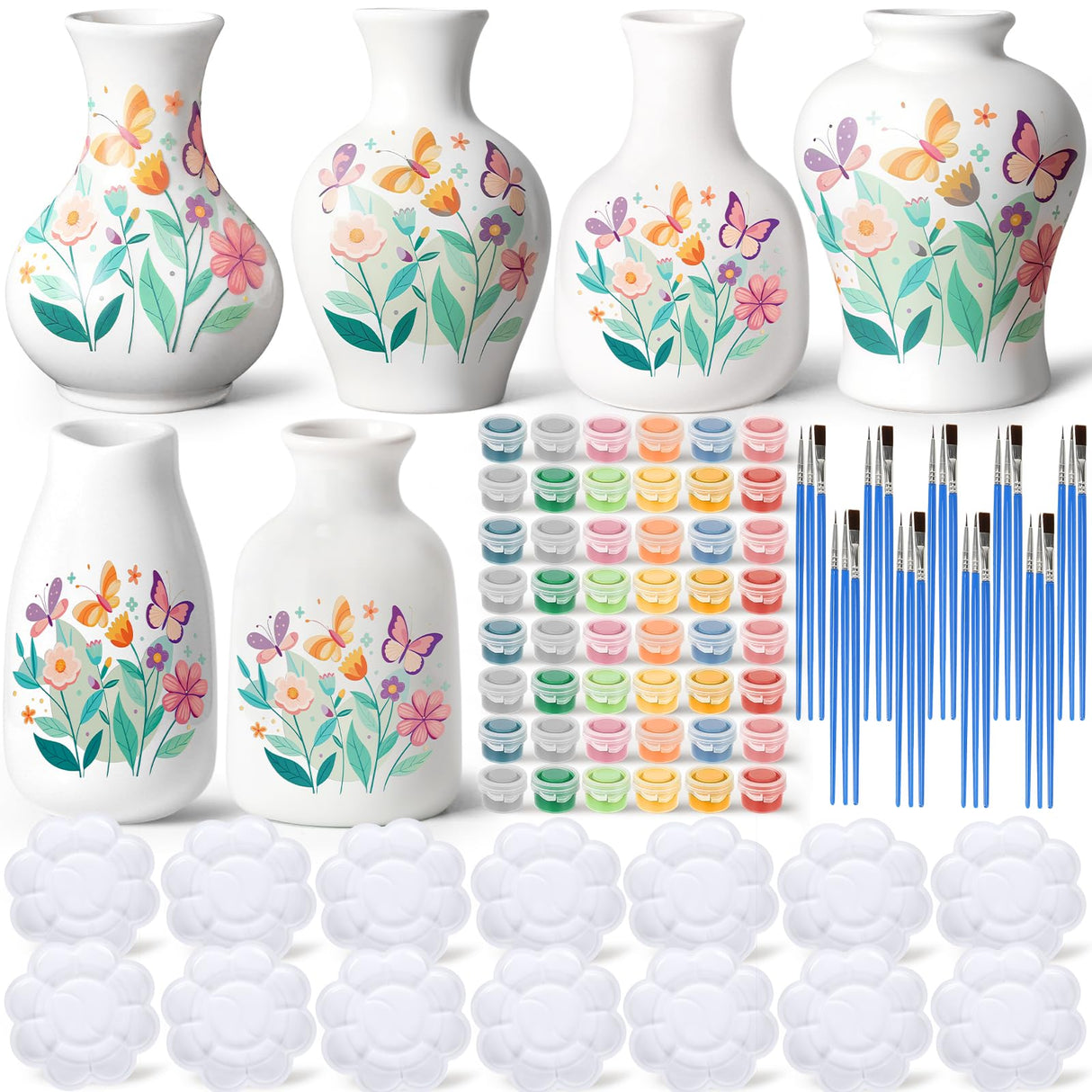 Fuyoooo 6 Sets Paint Your Own Vases Unpainted White Vases Ceramic Painting Kit for Adults with Paint Brushes, Underglaze Paints and Palettes for Birthday Party Activity Gift Art Supplies DIY Craft Fuyoooo