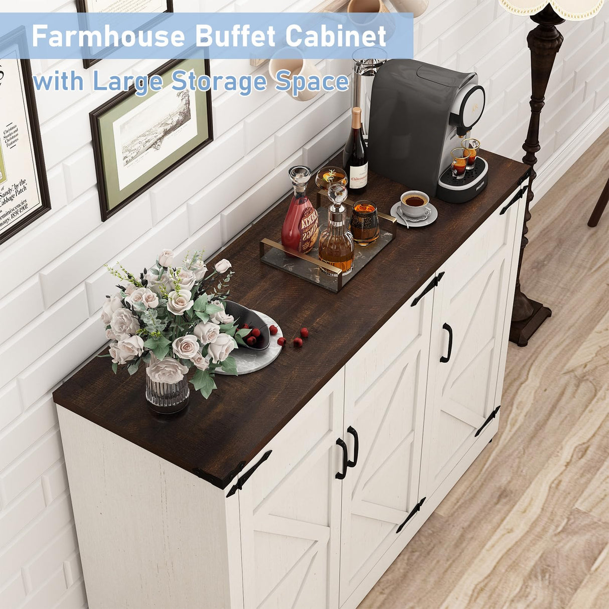 Sideboard Buffet Cabinet with Storage - 47.2 Inch Farmhouse Kitchen Sideboard Cabinets with Adjustable Shelves, Wooden Coffee Bar Storage Cabinet Buffet Table for Kitchen, Dining Room, White chartustriable