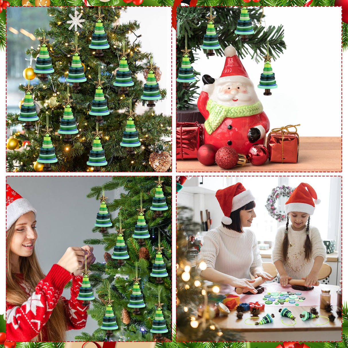 Soulchen 12 Sets Button Christmas Tree Craft Kits Make Your Own Button Christmas Tree Decorations DIY Xmas Hanging Ornament for Holiday Stocking Filler Gift Decor(Green) Soulchen