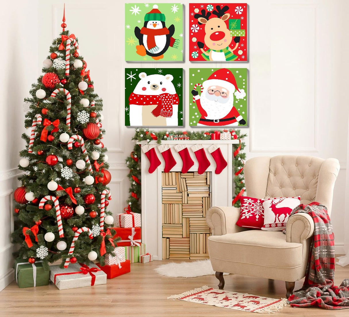 4 Pack Christmas Paint by Numbers Kits for Kids and Adults (with Frame), Cute Cartoon Christmas Paint by Number Kits on Canvas, Simple Acrylic Oil Painting for Beginners, Home Wall Decor 7.8x7.8Inch. Amzdiyfun