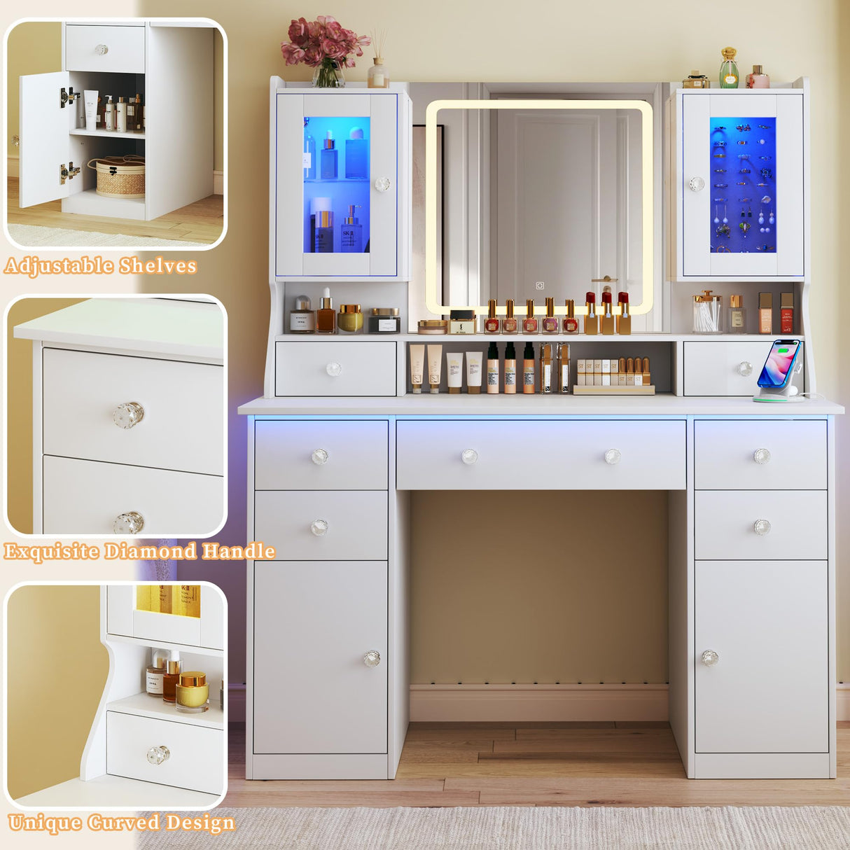 Vanity Desk with Mirror & Lights, 42‘’ Large Makeup Vanity with 2 RGB Jewelry Cabinets & 7 Drawers, White Vanity Table Set with Charging Station, Dressing Table with Lights Desk, 3 Light Modes ALEXNUTRE