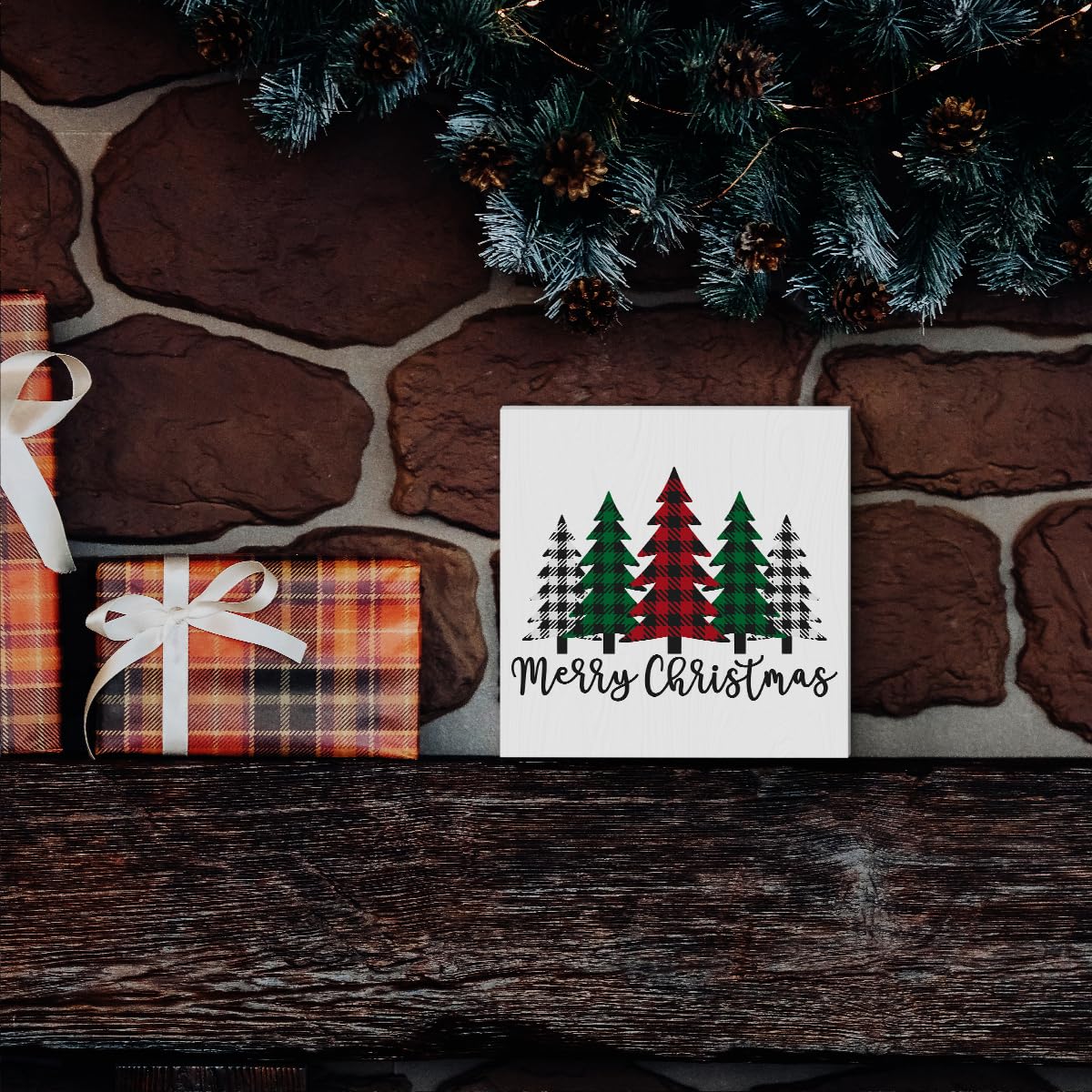 Funny Christmas Trees Wooden Box Sign Plaque Merry Christmas Wood Box Sign Rustic Art Home Shelf Desk Decor 5 x 5 x 1 Inches Woght
