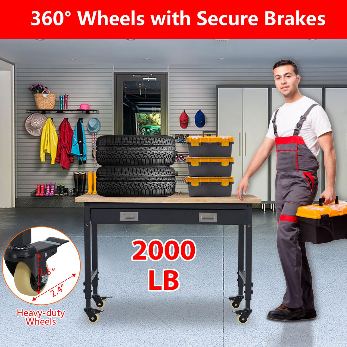 ACONEE 48" Adjustable Workbench for Garage, Heavy Duty Worktable with Drawer, 2000 LBs Load Capacity, Rubber Wood Workshop Bench with Power Outlet & 4 Lockable Wheels, 48x24x1.5 in Thick Rubber Top ACONEE