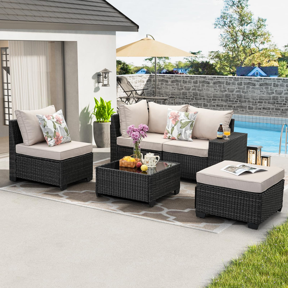 JOYURE 5 Pieces Patio Furniture Set All-Weather Outdoor Wicker Sectional Conversation Sofa Rattan Patio Seating Sofa with Cushion and Glass Table and Ottoman for Porch,Beige JOYURE
