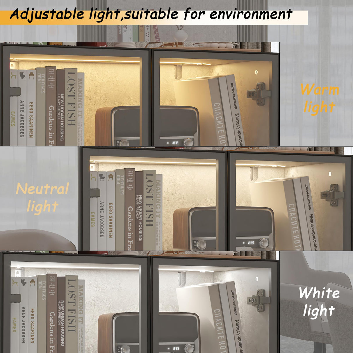 ECACAD 5 Tier Glass Display Cabinet with Light, Storage Curio Cabinet with Pop-up Glass Doors, Collectors Figure Organizers Wine Rack Bookcase for Living Room/Home Office/Dining Room, Rustic Grey ECACAD