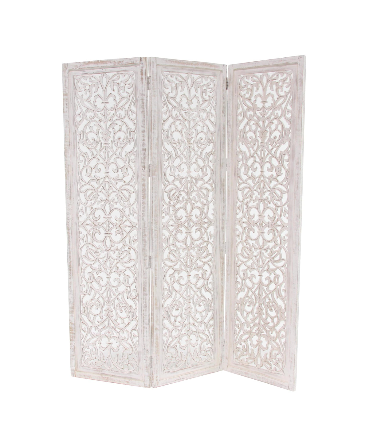 Deco 79 Wooden Floral Handmade Partition Room Divider Screen Hinged Foldable Partition 3 Panel Privacy Screen with Intricate Carved Design, Room Partition 60" x 1" x 69", White Deco 79