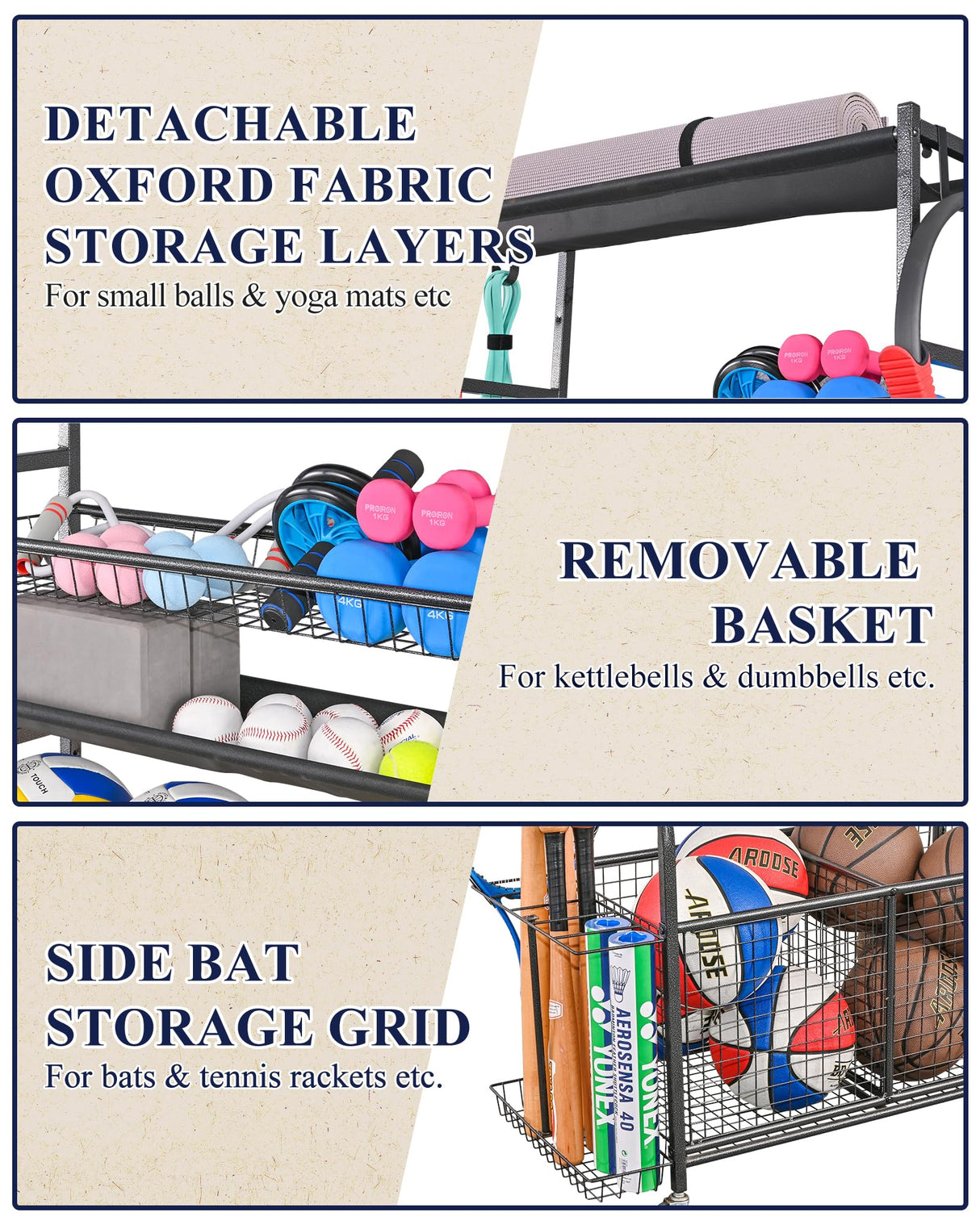 Mythinglogic Garage Sports Equipment Organizer, Ball Storage Extra Large Capacity Six Tier Sports Organizer for Garage, Basketball Rack with Hooks and Baskets for Football, Soccer Ball, Bat, Toys Mythinglogic