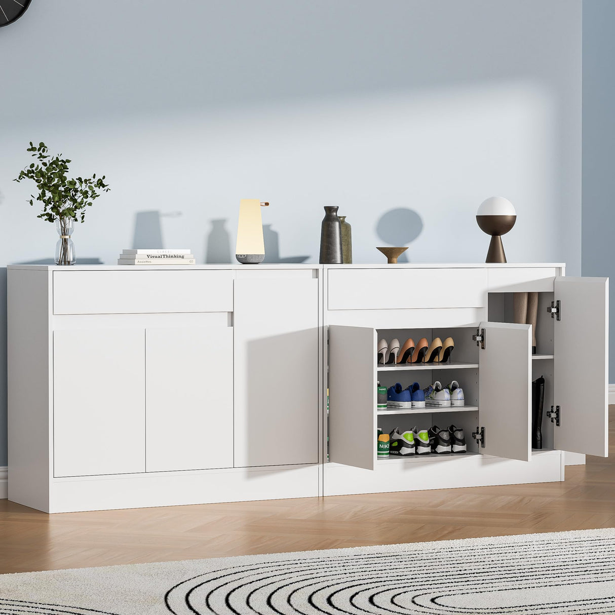 Housoul Shoe Cabinet Storage with 3 Doors, Freestanding Shoe Cabinet with Drawer & Adjustable Shelves, Wooden Shoe Organizer for Entryway, Hallway, White Housoul