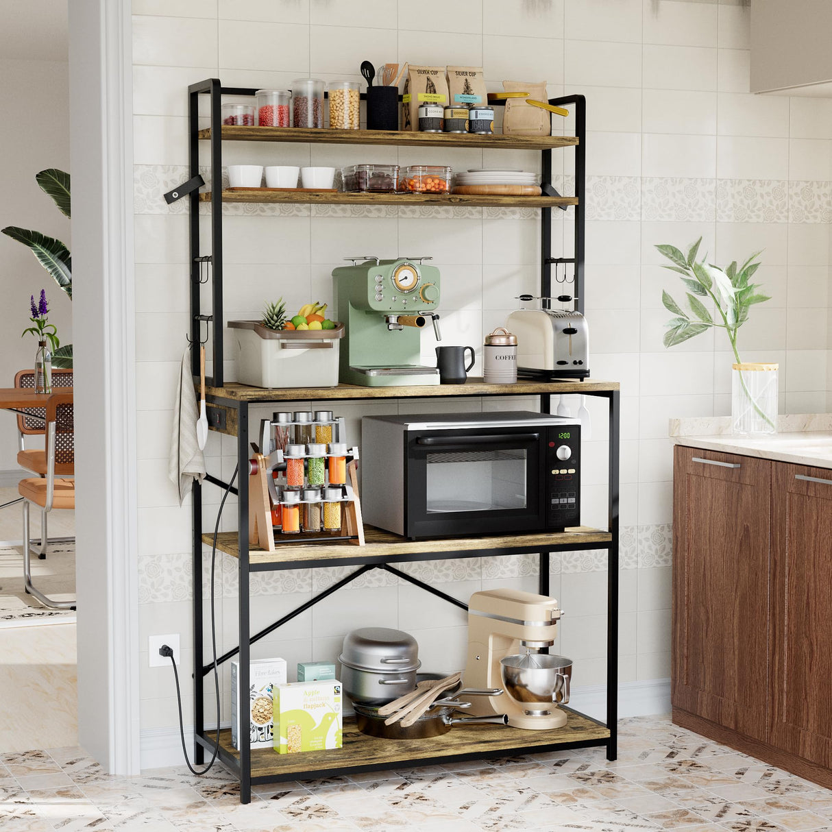 YESHOMY Kitchen Baker’s Rack with Power Outlet, 5-Tier Microwave Stand, Coffee Bar with 8 S-Shaped Hooks, Heavy Duty Storage Shelf Unit for Spices, Pots, Rustic Brown YESHOMY