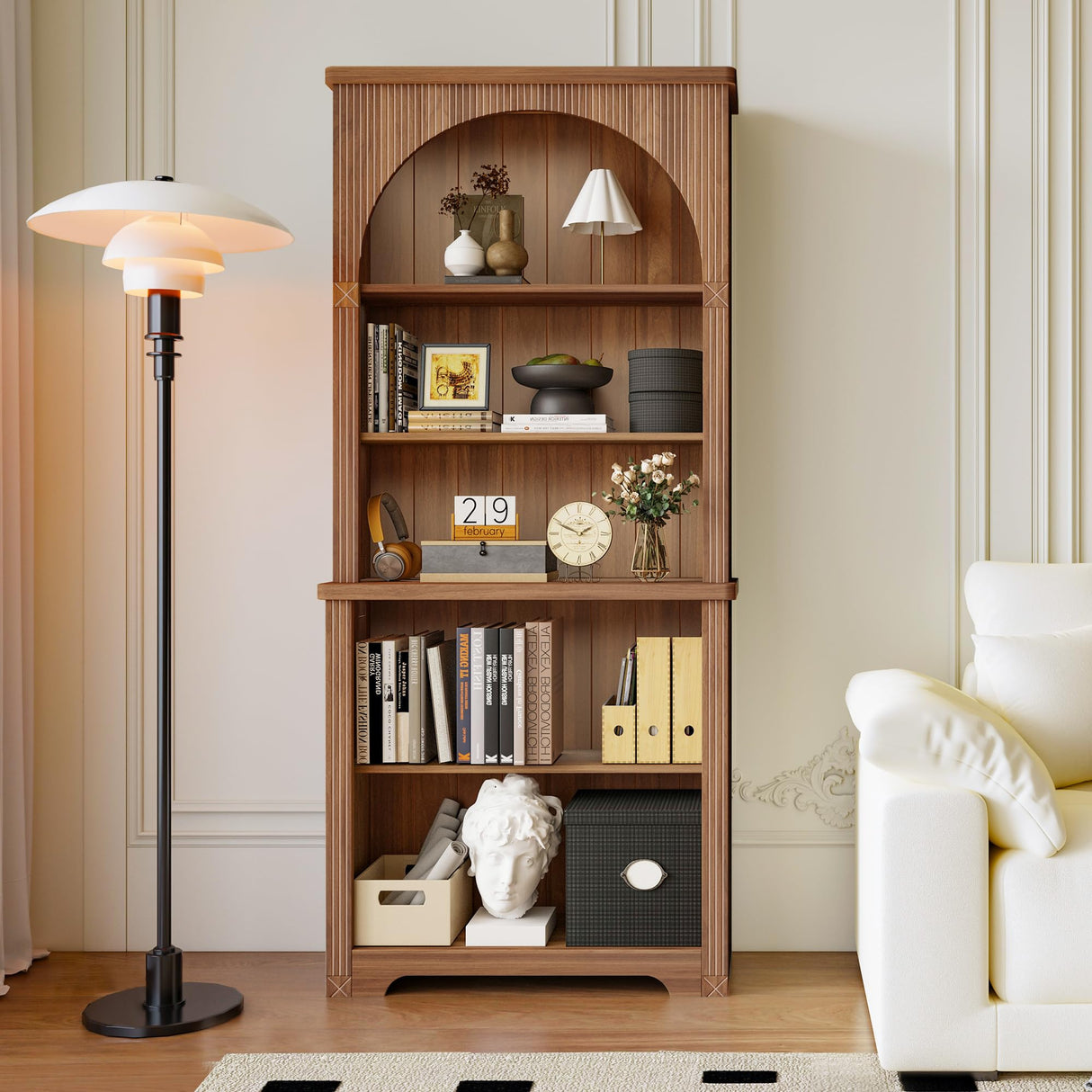 FurSch 71” Tall Arched Bookshelf,Wooden 5 Tier Fluted Book Shelves with Adjustable Shelf,Arched Bookcase Bookshelf for Living Room Home Office FurSch