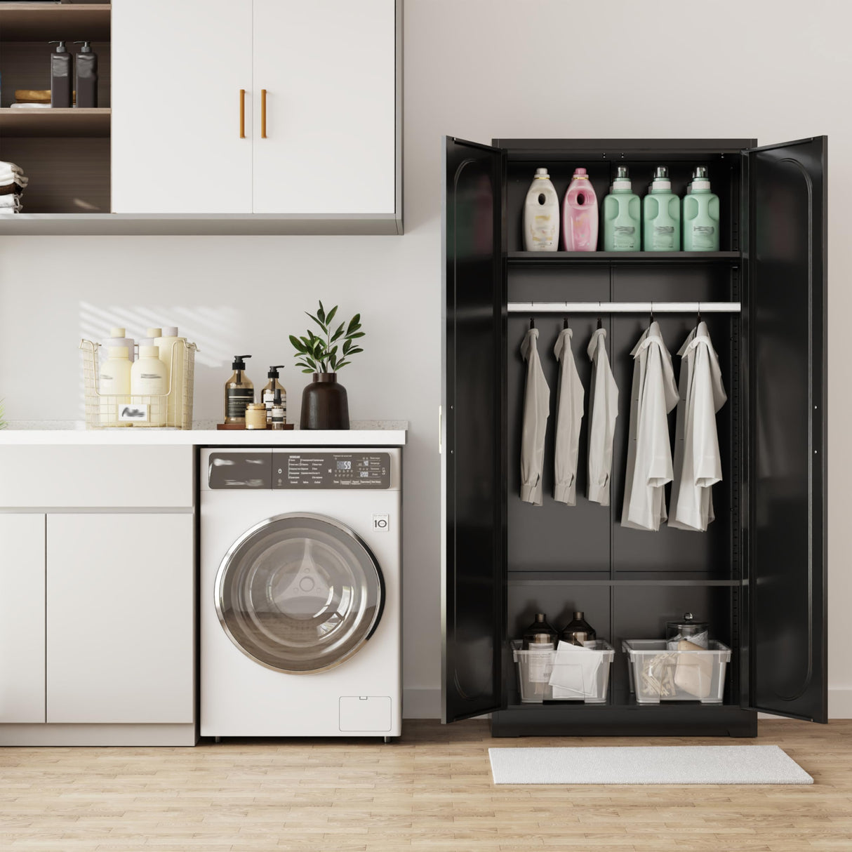 71" Tall Metal Storage Cabinet, Armoire Wardrobe Closet with Hanging Rod, Metal Clothing Storage Cabinets, Black Bedroom Armoires with Adjustable Shelves, Steel Closet Cabinet for Bathroom, Office MetalMax