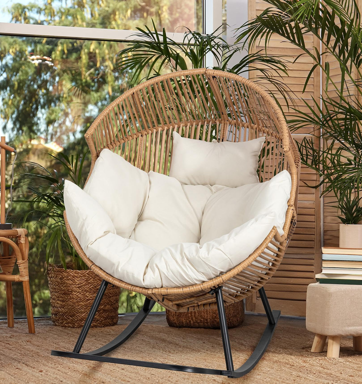 JAMFLY Egg Chair Outdoor Rocking Chairs, Wicker Patio Chair Oversized Lounger Chair with Cushion for Indoor Living Room Bedroom Outside Patio Backyard Balcony, Beige JAMFLY