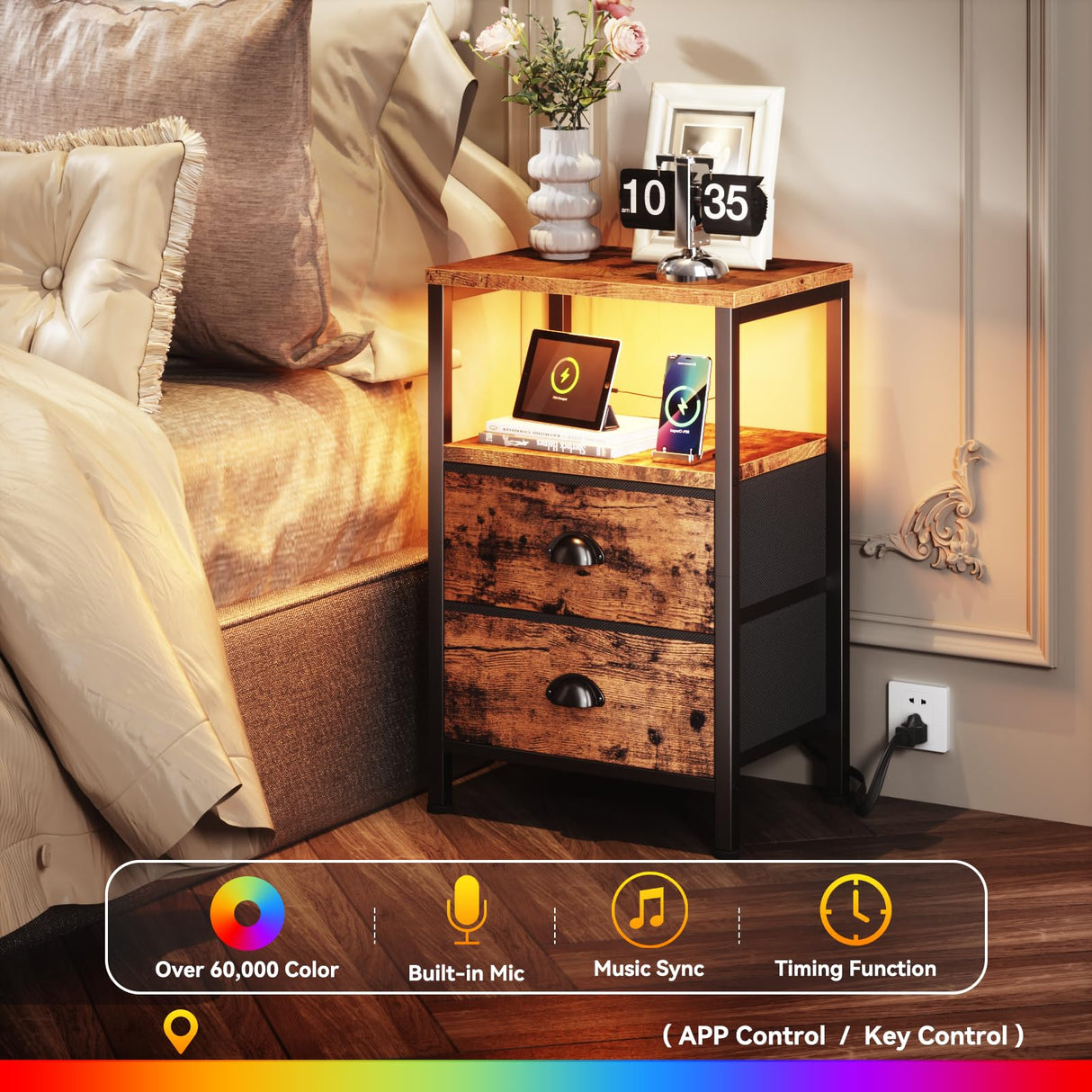 Furologee Nightstand with Charging Station, End Table with LED Lights, Bedside Table with USB Ports & Outlets, Night Stands with 2 Drawers, for Living Room/Bedroom Furologee