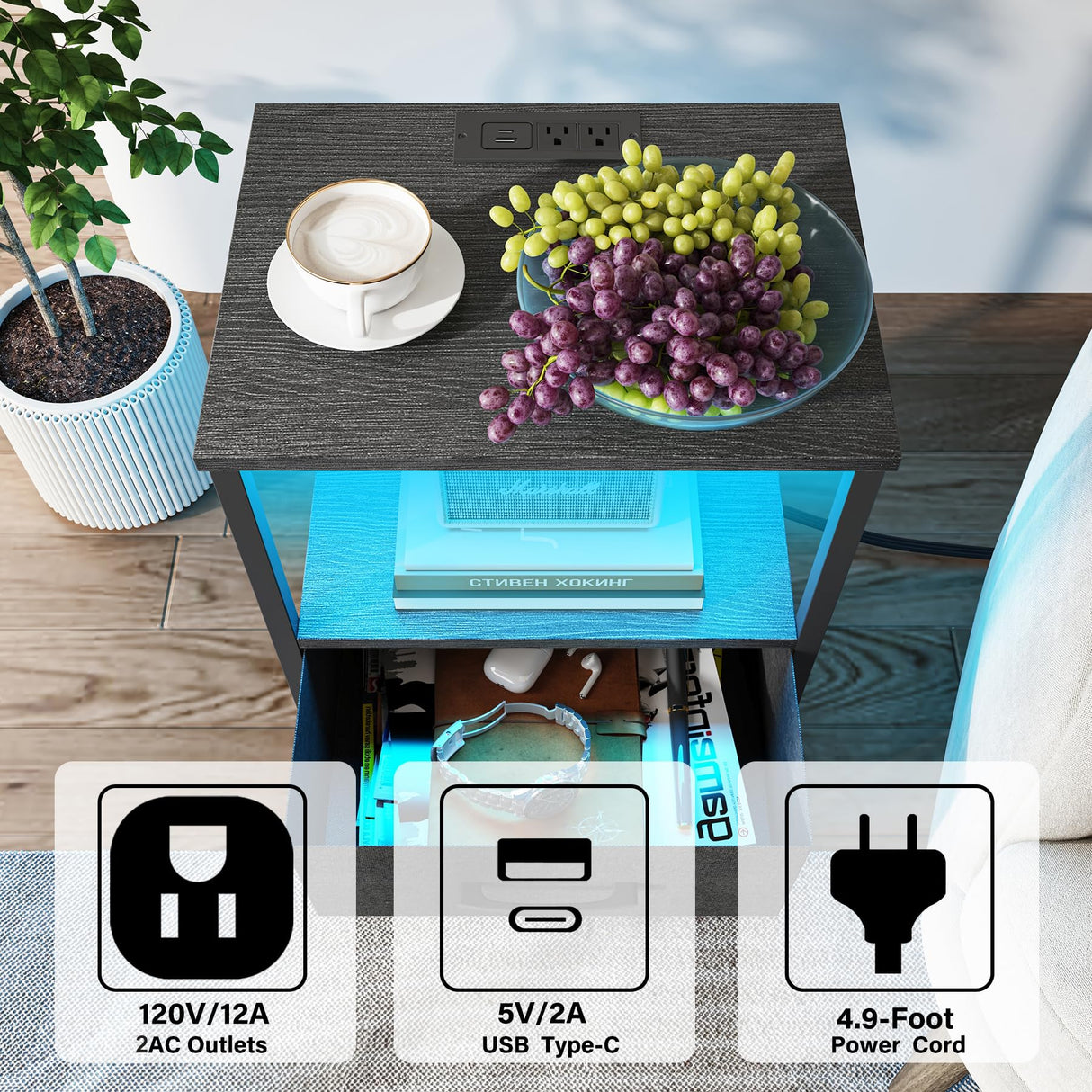 TUTOTAK LED End Table with Charging Station, Nightstand with Cloth Drawer, Side Table with 1 USB Port and 1 Type-C Port, Set of 2, Couch Table, Black TB01BK052L TUTOTAK