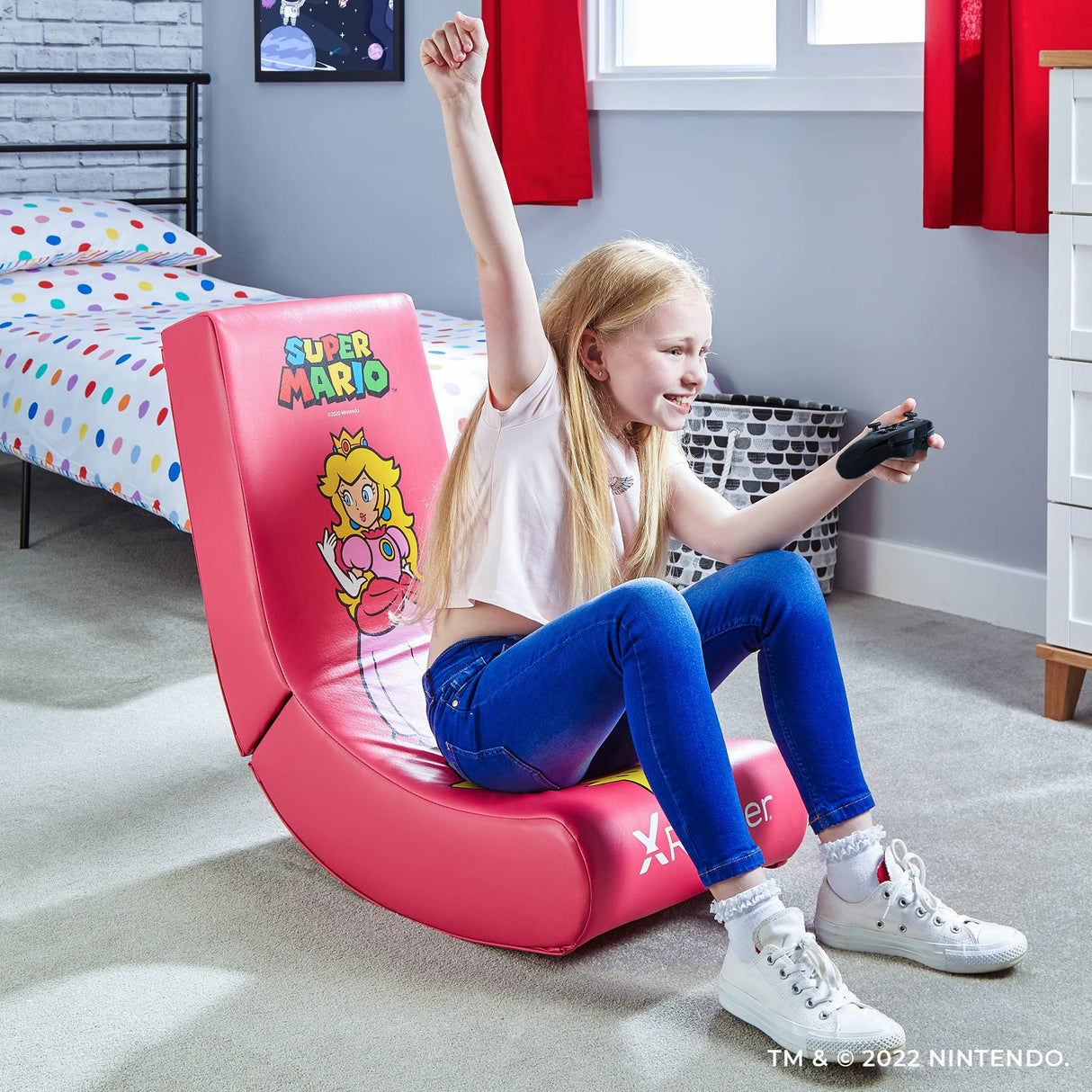 X Rocker Super Mario Peach Video Gaming Floor Chair, Official All-Star Edition Nintendo Collectible, Faux Leather, Foldable, 5000201, 33.46" x 16.14" x 25.59", Princess Peach Pink X Rocker