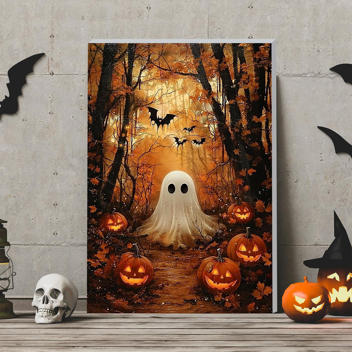 DOMROM Framed Paint by Numbers Kit for Adults Beginners with Wooden Easel, Halloween Ghost and Pumpkin Paint by Number Kit on Canvas, DIY Oil Painting Kits for Home Wall Decor Gift 8x12in DOMROM