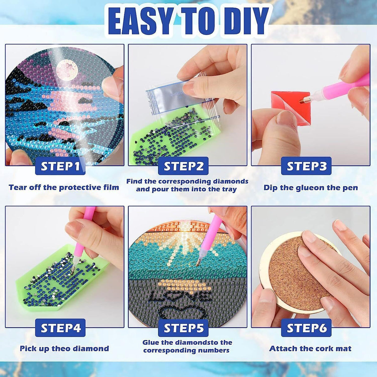 Beach Diamond Art Coasters Kit for Adults - 8 Pcs Diamond Painting Coasters Kit with Holder,Moon Landscape Diamond Art Kits for Adults Coasters Arts and Crafts Kits for Gifts Ammklfh