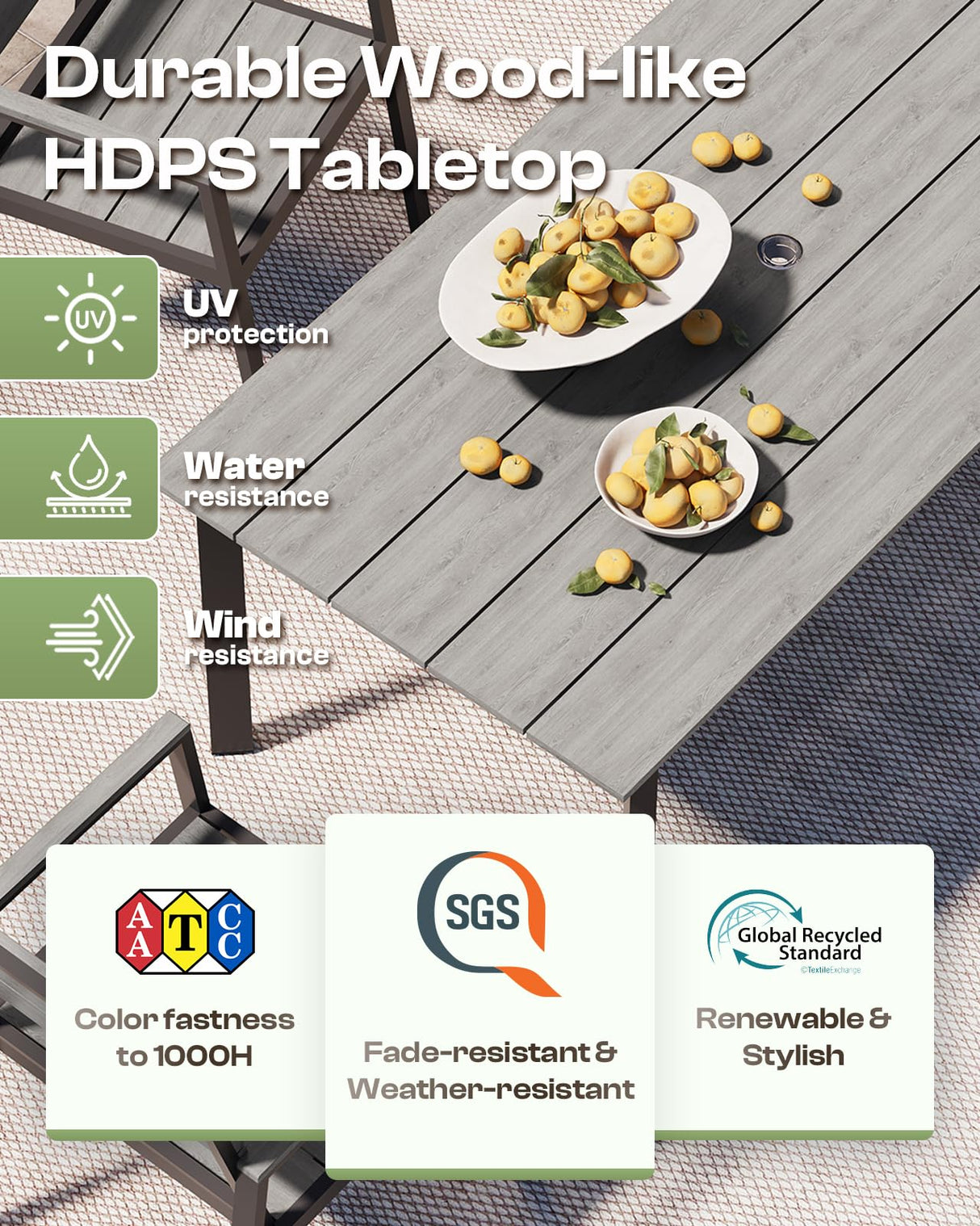 Oasbira Outdoor Dining Set for 6, Patio Table and Chairs Set with Umbrella Hole, 7 Pieces HDPS Outdoor Furniture Sets for Patio, Garden, Backyard (Gray) Oasbira