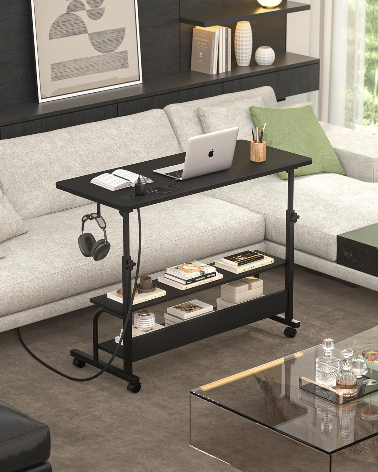 Height Adjustable Standing Desk with Power Outlets, 32" Manual Stand Up Desk with Storage Shelves Small Mobile Rolling Computer Desk Portable Laptop Table with Wheels for Home Office, Black armocity