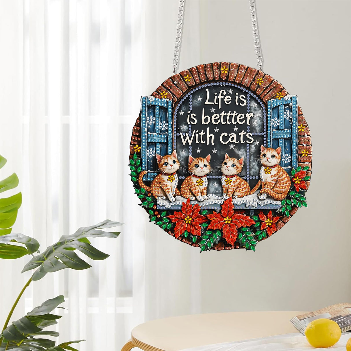 Reofrey Hanging Diamond Art Kits for Adults - 8x8 Inch Christmas Cat Acrylic Board Double Sided Pattern Diamond Art Suncatcher Pendant, DIY Crystal Art for Home Wall or Window Decoration Handmade Gift Reofrey