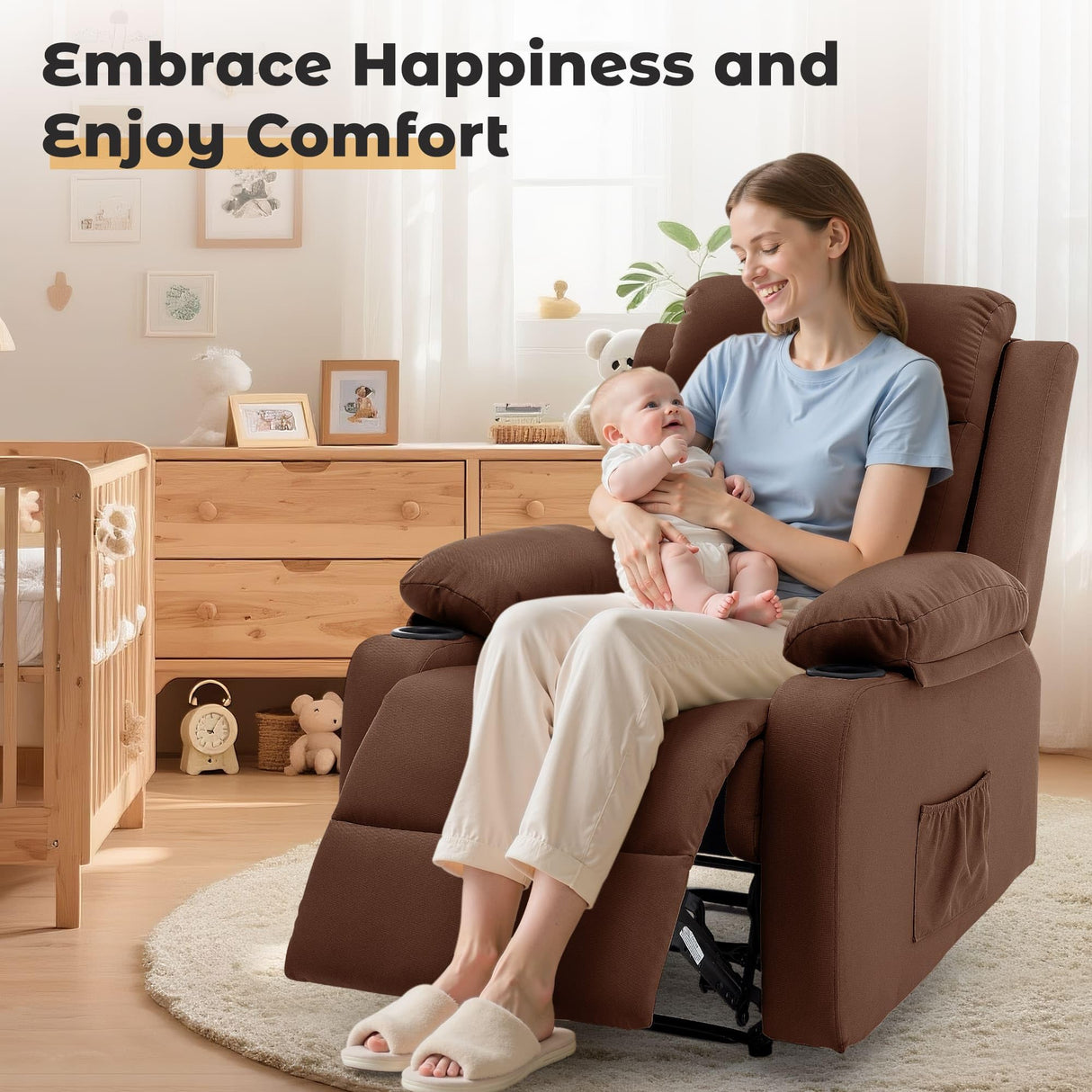 Korser Recliner Chair, Small Recliners for Small Spaces, Manual Recliner with Cup Holders and Side Pockets, Reclining Chair, Chairs for Living Room, Bedroom, Nursery, Brown Korser