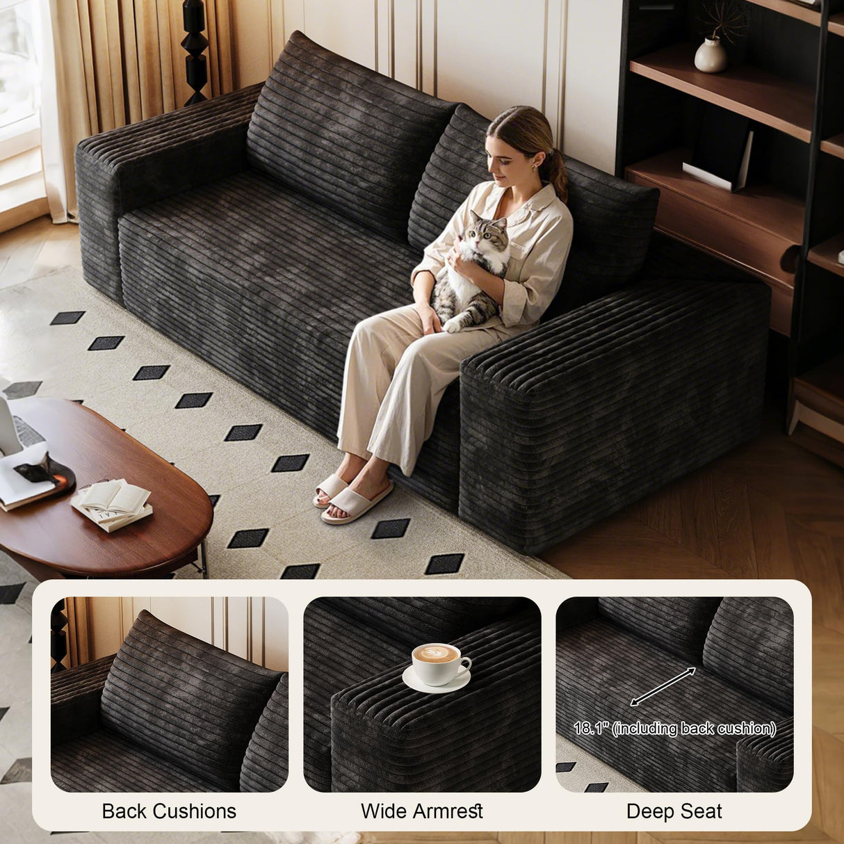 KIVENJAJA 63.04" Cloud Boneless Loveseat Sofa in a Box, Corduroy Compressed Sofa with 2 Pillows, 2 Seater Couch, Modern Comfy Boneless Couch for Living Room, Bedroom, Apartment, Black KIVENJAJA