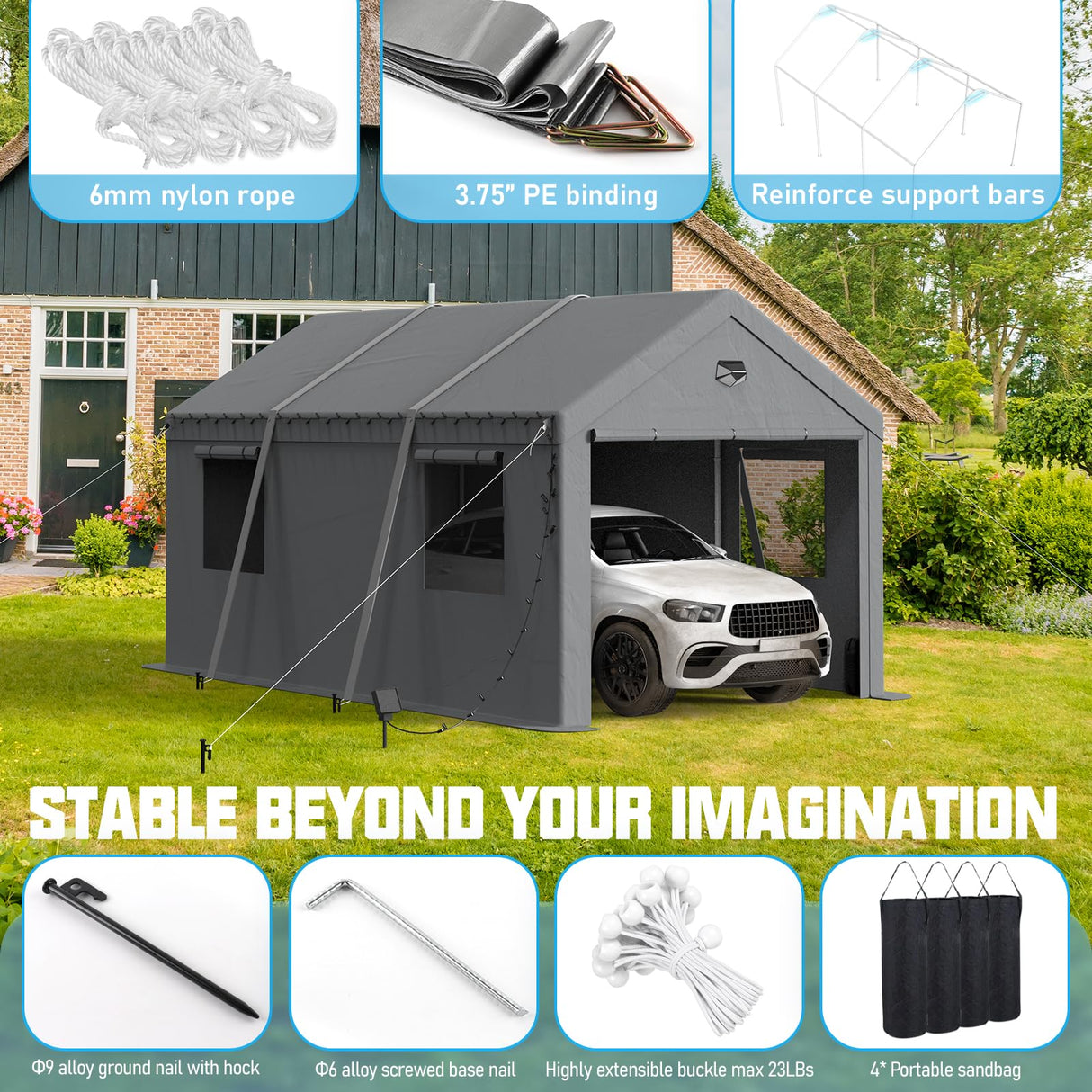 Benass Carport Canopy 10x16 Heavy Duty, Carport Canopy, Portable Car Port Garage, Car Shelter All Weather, Grey Benass