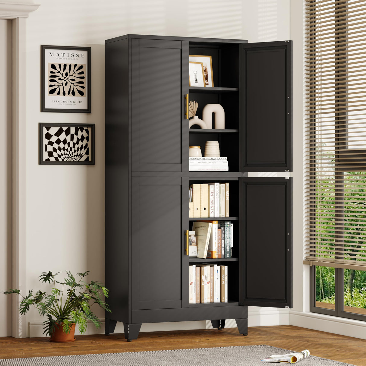 pozdeg 75" H Tall Metal Storage Cabinet with 4 Doors, Metal Kitchen Pantry Cabinet with 4 Adjustable Shelves, Freestanding Cupboard for Kitchen Dining Room Living Room Bathroom (Black) pozdeg