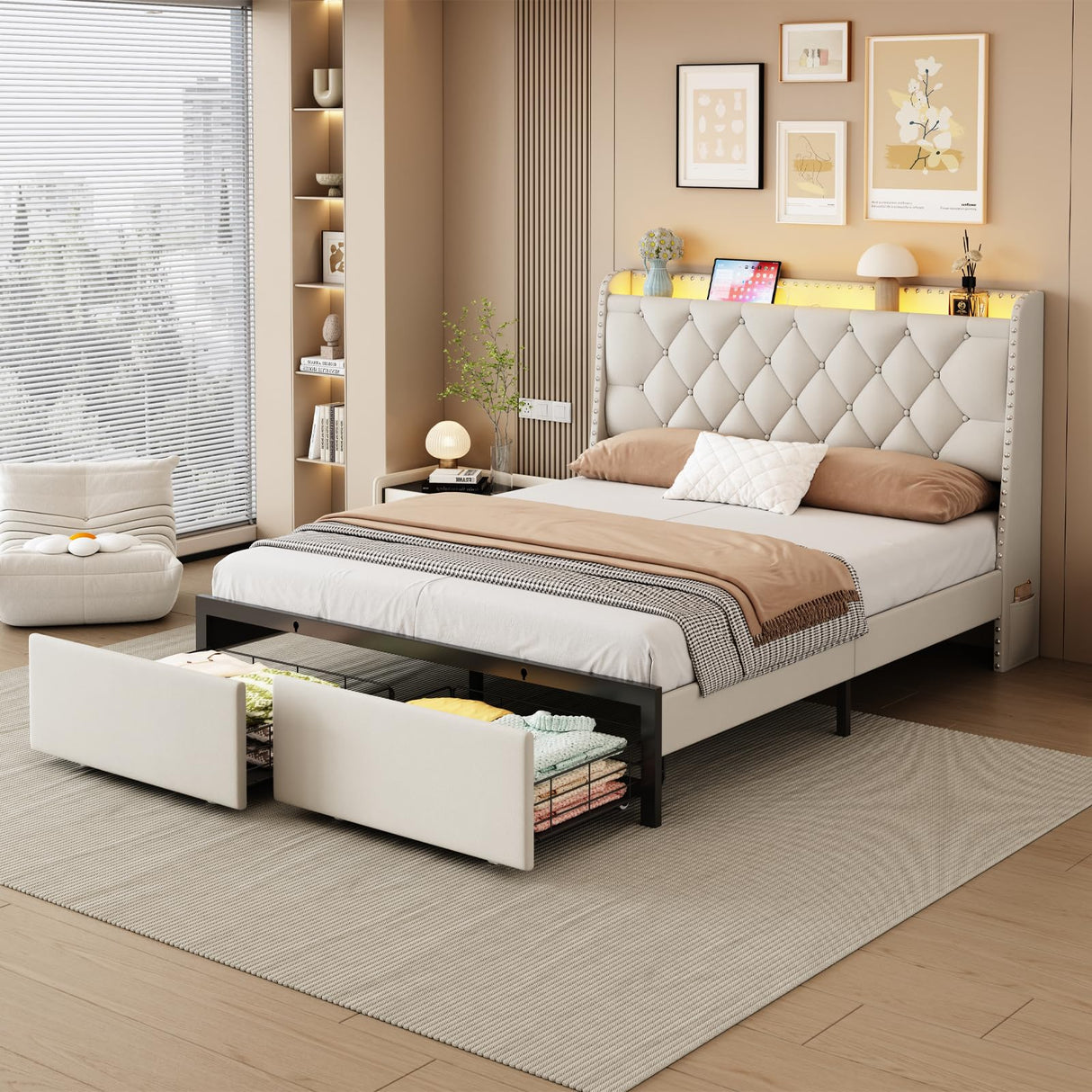 Etditrnp Full Bed Frame with Storage Drawers, LED Bed Frame with Charging Station, Velvet Button Tufted Upholstered Headboard, Wood Slats Support Noise-Free, No Box Spring Needed, Beige Etditrnp
