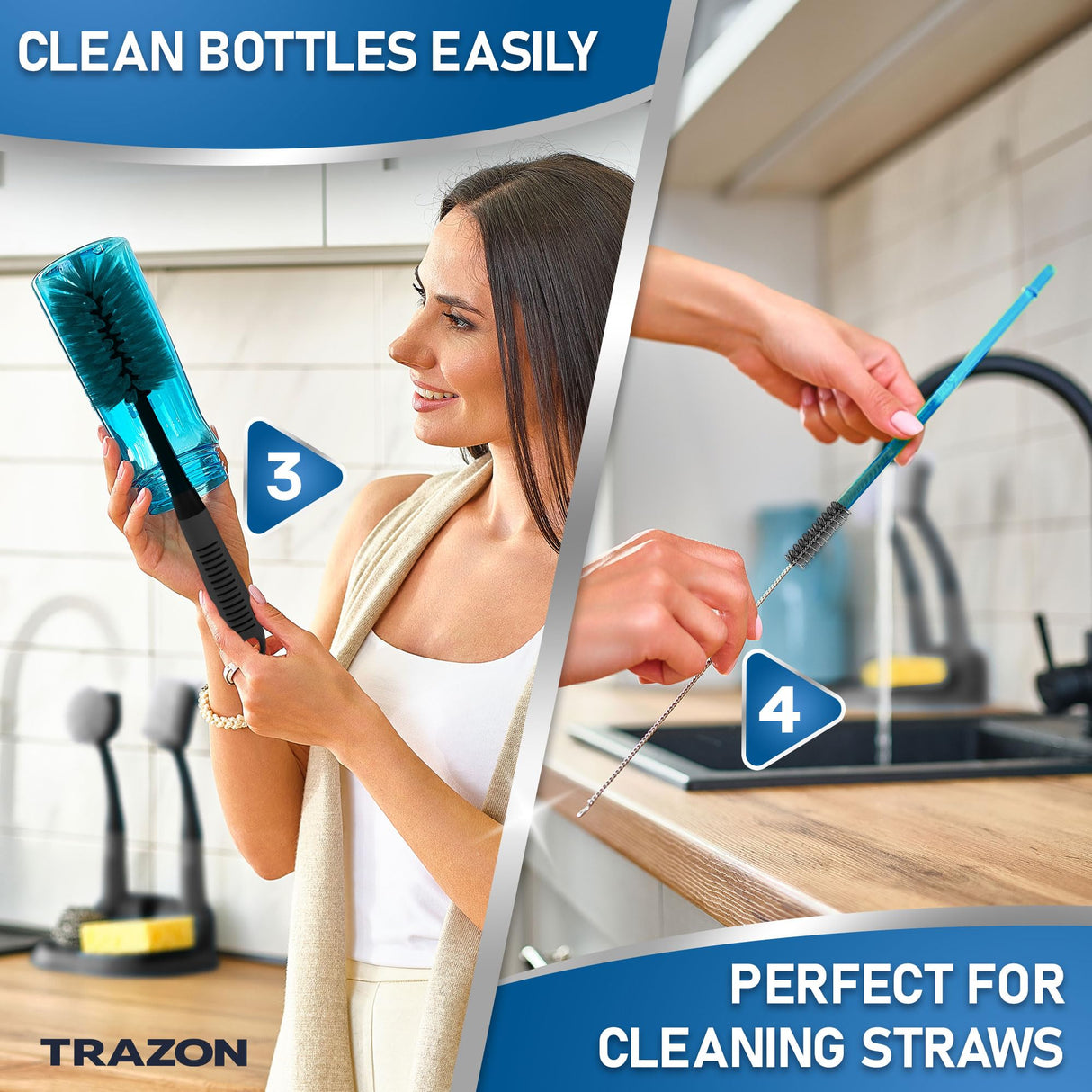 Dish Brush Set of 5 with Convenient Holder, Bottle Water Brush, Dish Scrub Brush, Scrubber Brush and Straw Brush - Kitchen Scrub Brushes Non Slip Long Handle for Sink Dishes Cup Pot Trazon