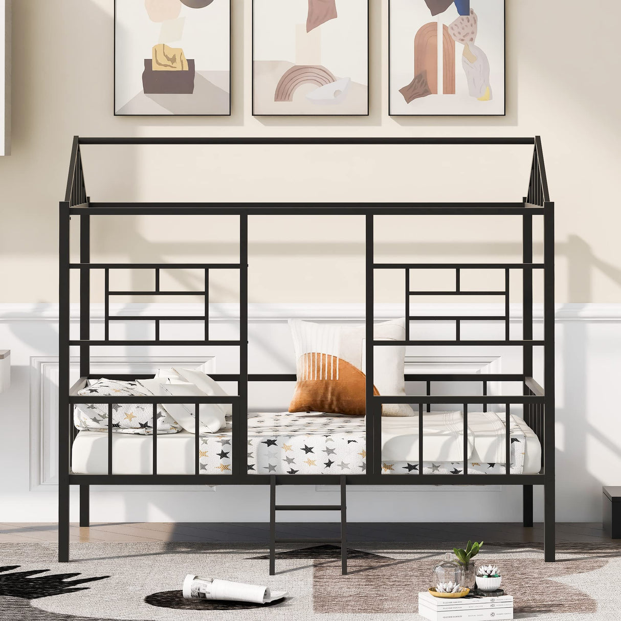Harper & Bright Designs Metal Twin Size House Loft Bed for Kids, Low Loft Bed with Roof and Ladder, Junoir Loft Bed Twin for Girls Boys,Playhouse Bed Frame, Black Harper & Bright Designs