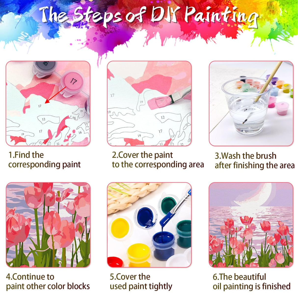 SANYUN Paint by Numbers Kit for Adults Beginners,Pink Tulips Painting by Numbers,Flowers & Moon Easy Acrylic on Canvas, Suitable for Home Wall Decor and Gifts 20x16inch SANYUN