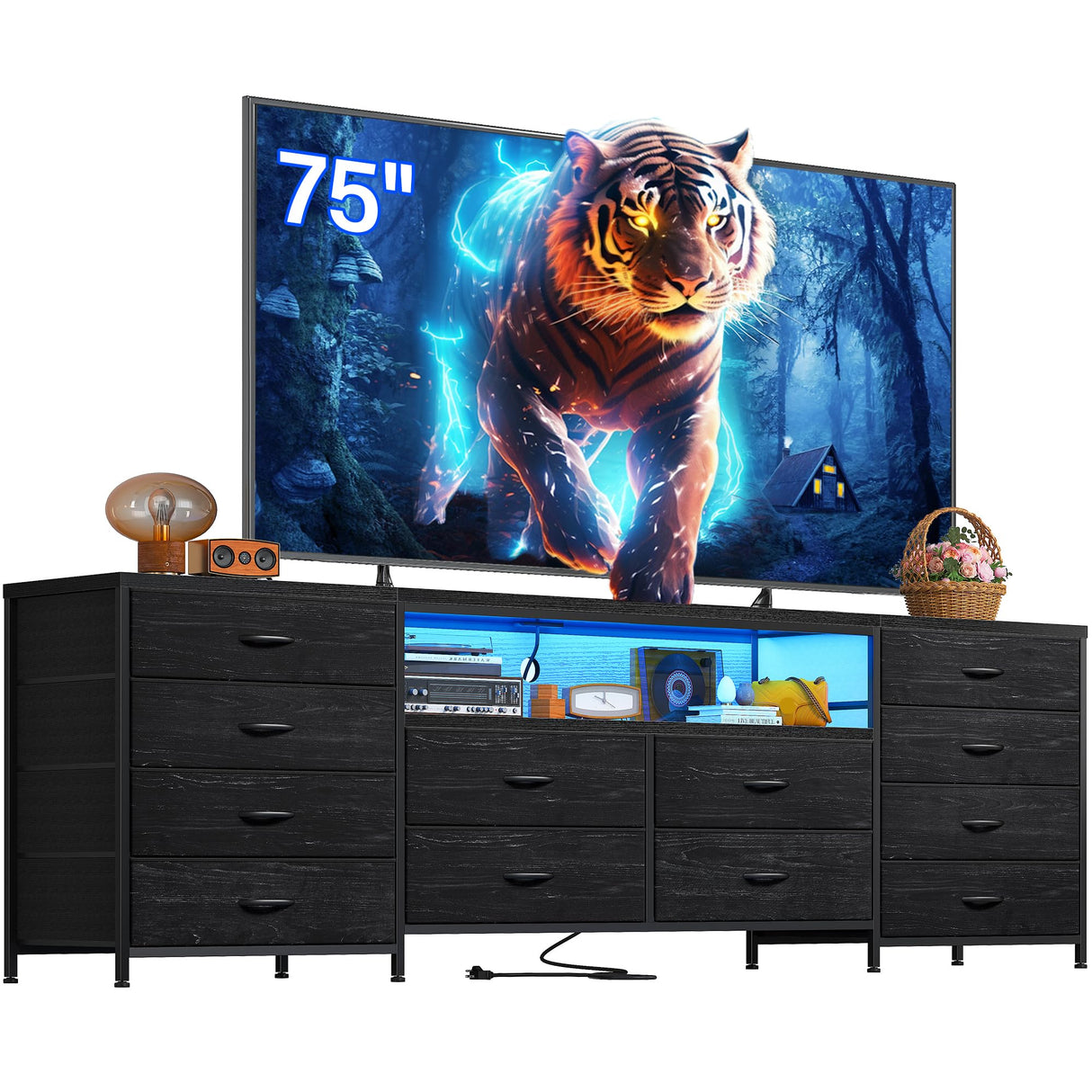 EnHomee Fits 75" TV Stand Dresser for 65 70 75 Inch TV 63"W Dresser TV Stand for Bedroom with LED Lights & Power Outlets & 12 Drawers Black Dresser for Bedroom Long Fabric Dresser Entertainment Center EnHomee
