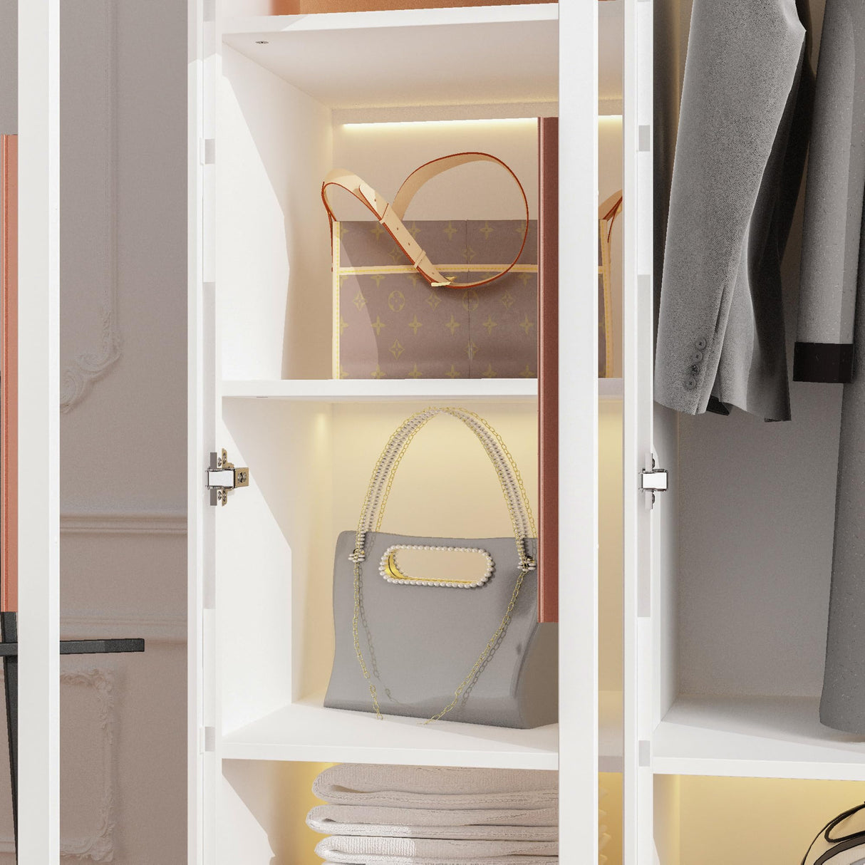 Homsee 5-Tier LED Bookshelf with Glass Doors and Hanging Bar, White Storage Cabinet Homsee