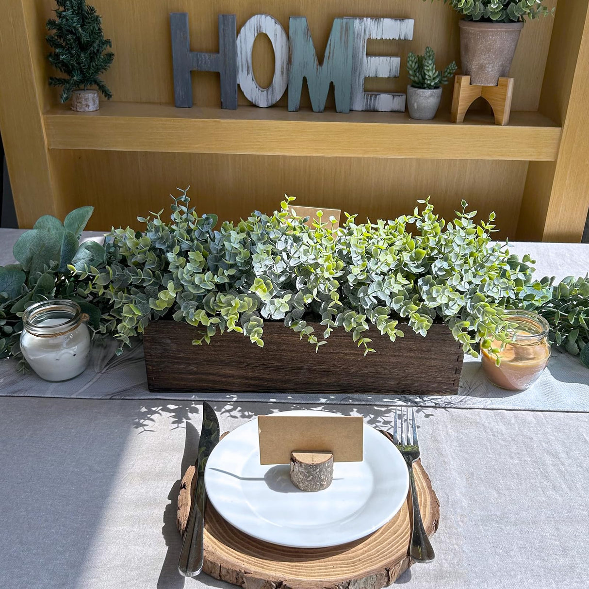 Winlyn 14" Artificial Eucalyptus in Rectangular Wood Planter Box Faux Plants Arrangement Centerpiece Wooden Potted Eucalyptus Plant for Farmhouse Wedding Dining Table Centerpiece Greenery Mantel Décor Winlyn