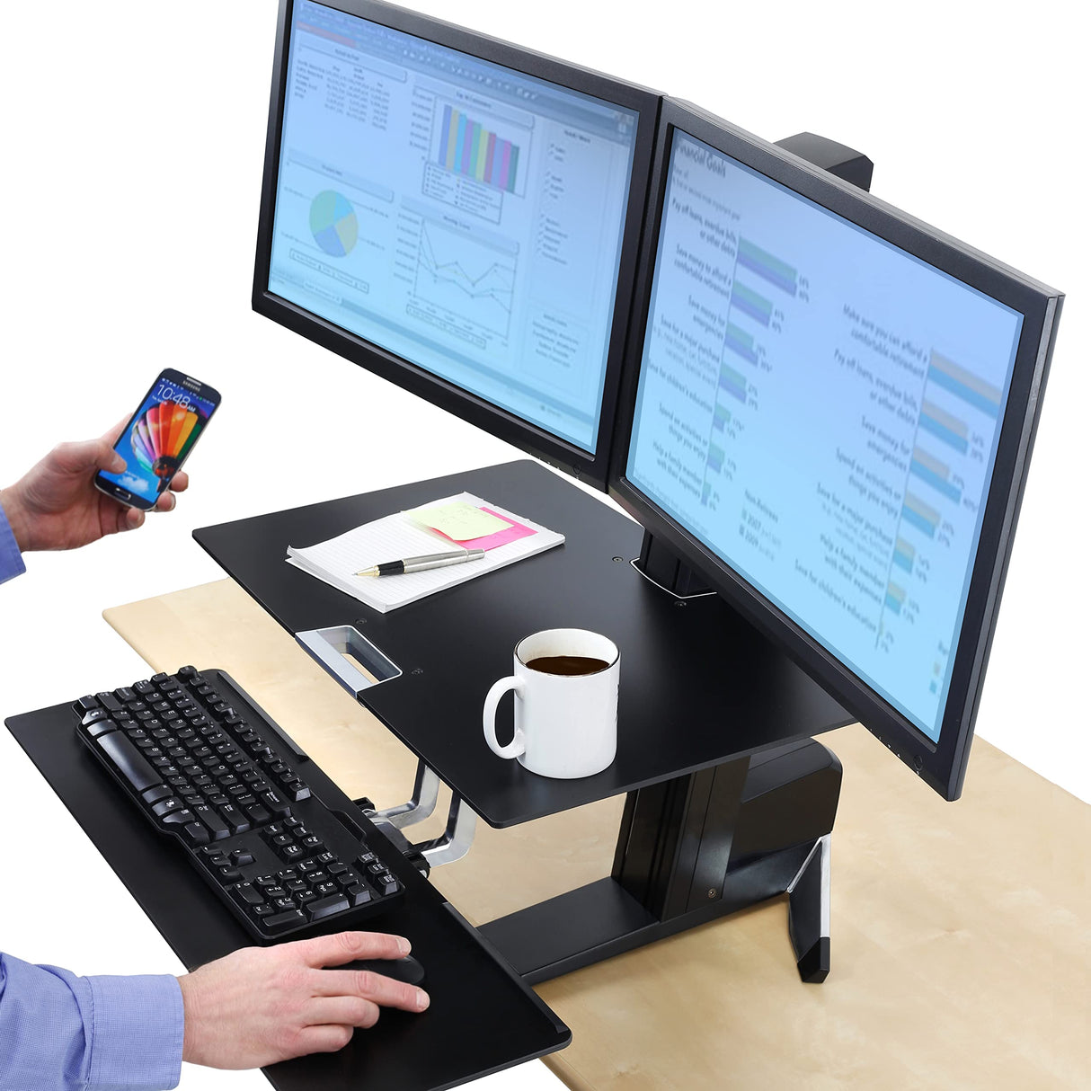 Ergotron – WorkFit-S Dual Monitor Standing Desk Converter, Sit Stand Workstation for Tabletops – With Worksurface, Black Ergotron